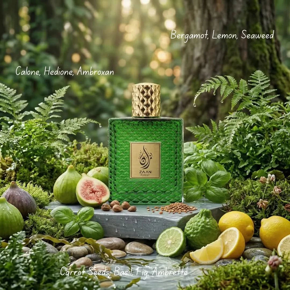Aura by Aura Zaan Forest Eau De Parfum Spray 100ml, green glass bottle with floral and woody notes visible
