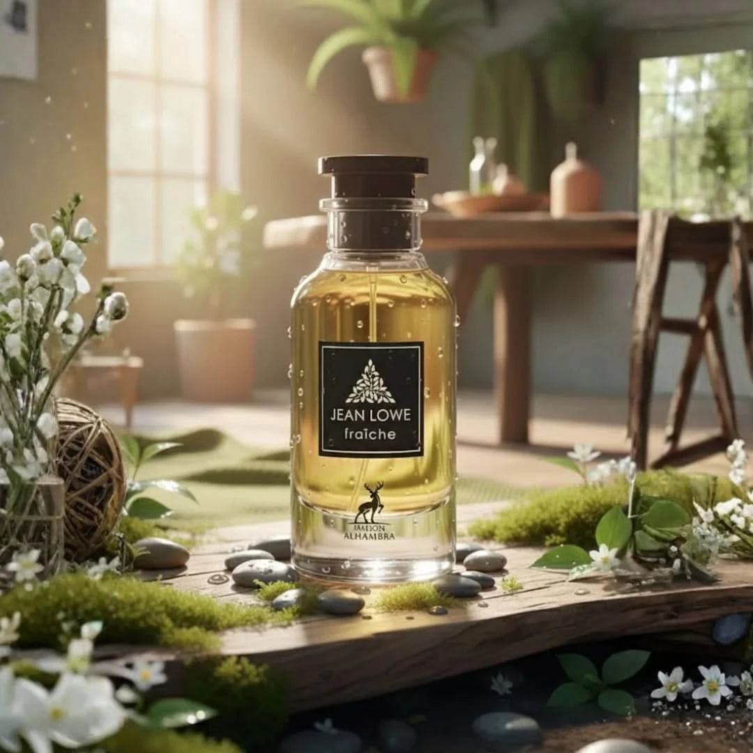 Maison Alhambra Jean Lowe Fraiche Eau de Parfum spray in 100ml bottle, shown with velvet pouch, elegant fragrance presentation.