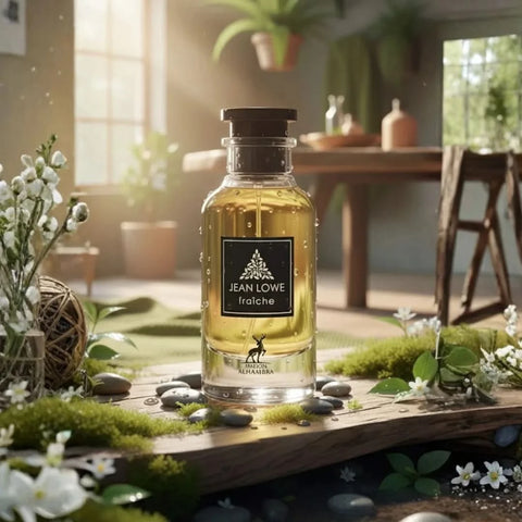 Maison Alhambra Jean Lowe Fraiche Eau de Parfum spray in 100ml bottle, shown with velvet pouch, elegant fragrance presentation.
