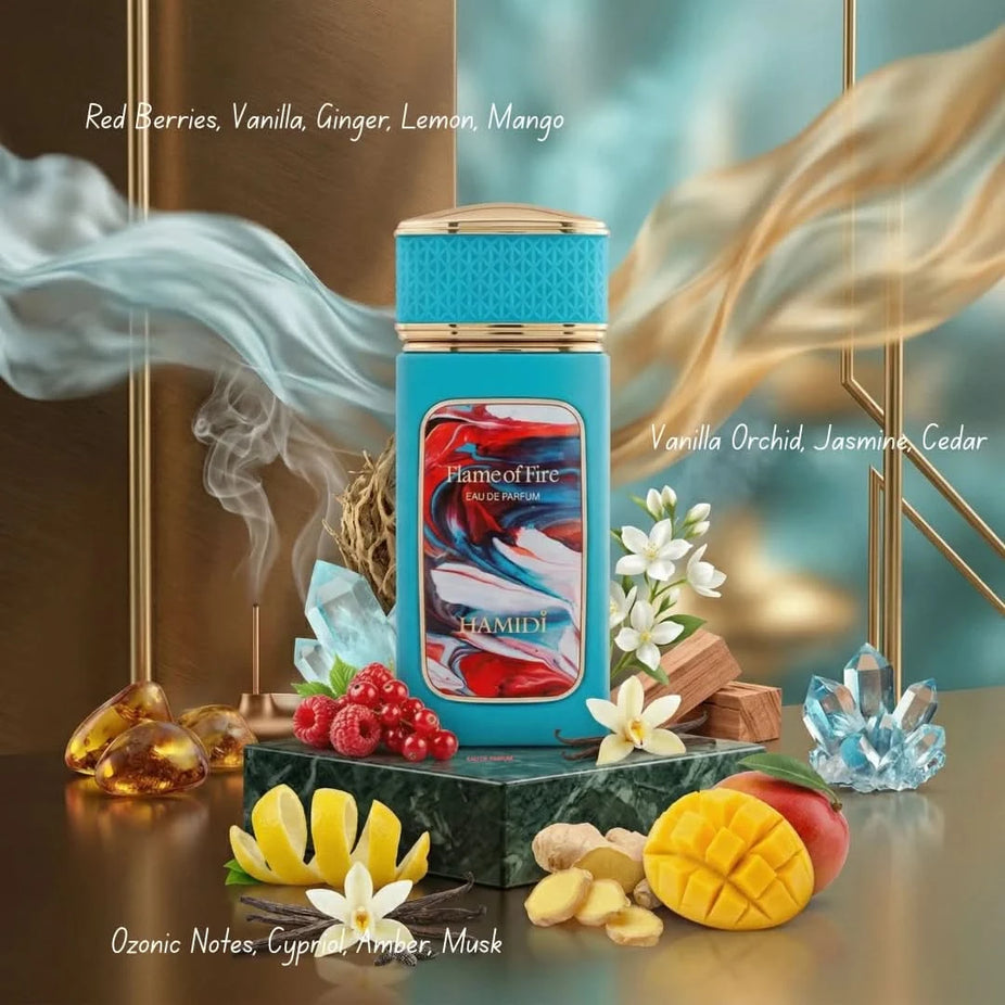 Hamidi Flame Of Fire Eau De Parfum spray 100ml bottle with fiery red and black design, elegant and luxurious fragrance packaging