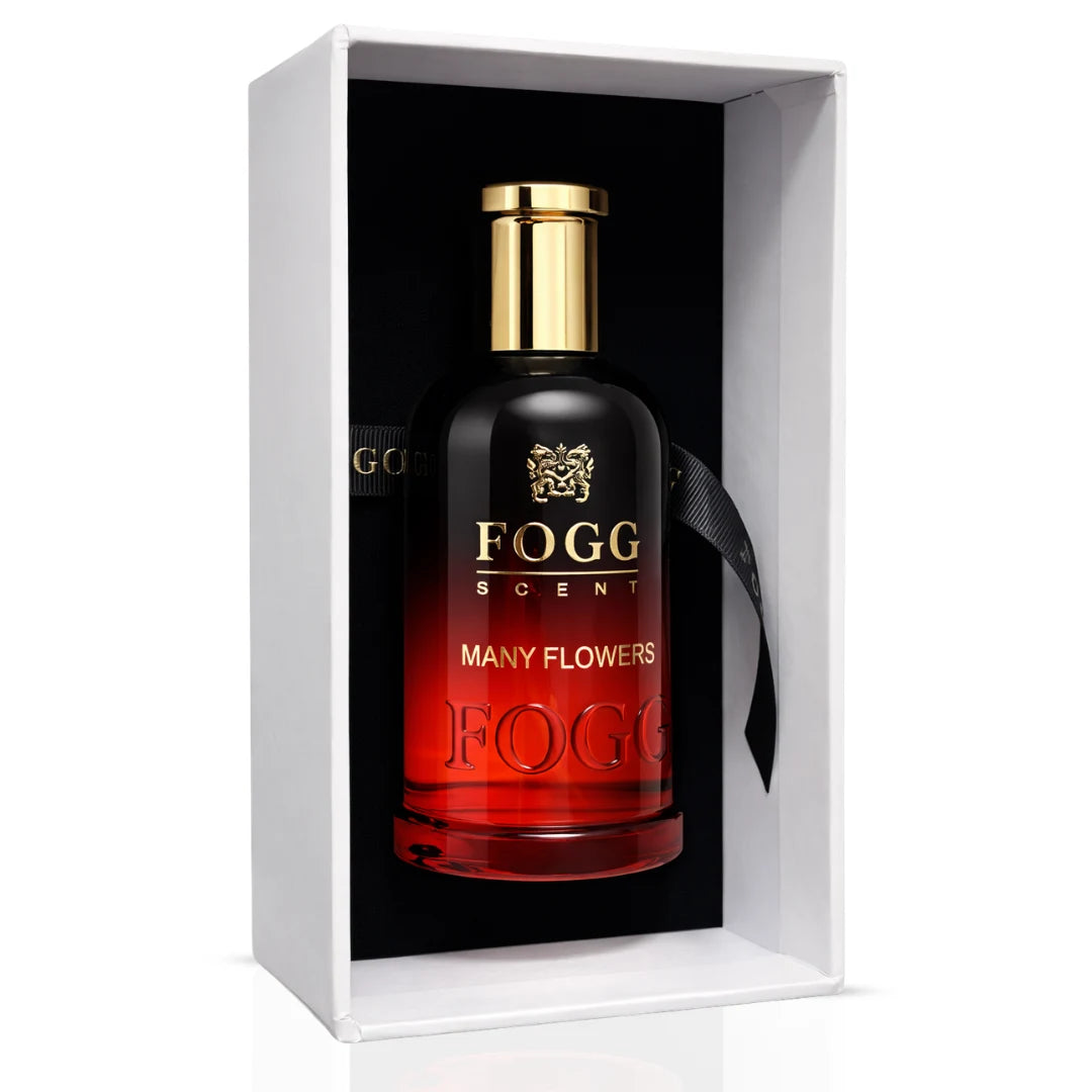Fogg Many Flowers Eau de Parfum spray for women, 100ml bottle with floral design, showcasing the elegant fragrance packaging.