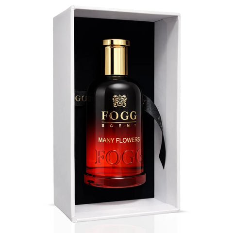 Fogg Many Flowers Eau de Parfum spray for women, 100ml bottle with floral design, showcasing the elegant fragrance packaging.