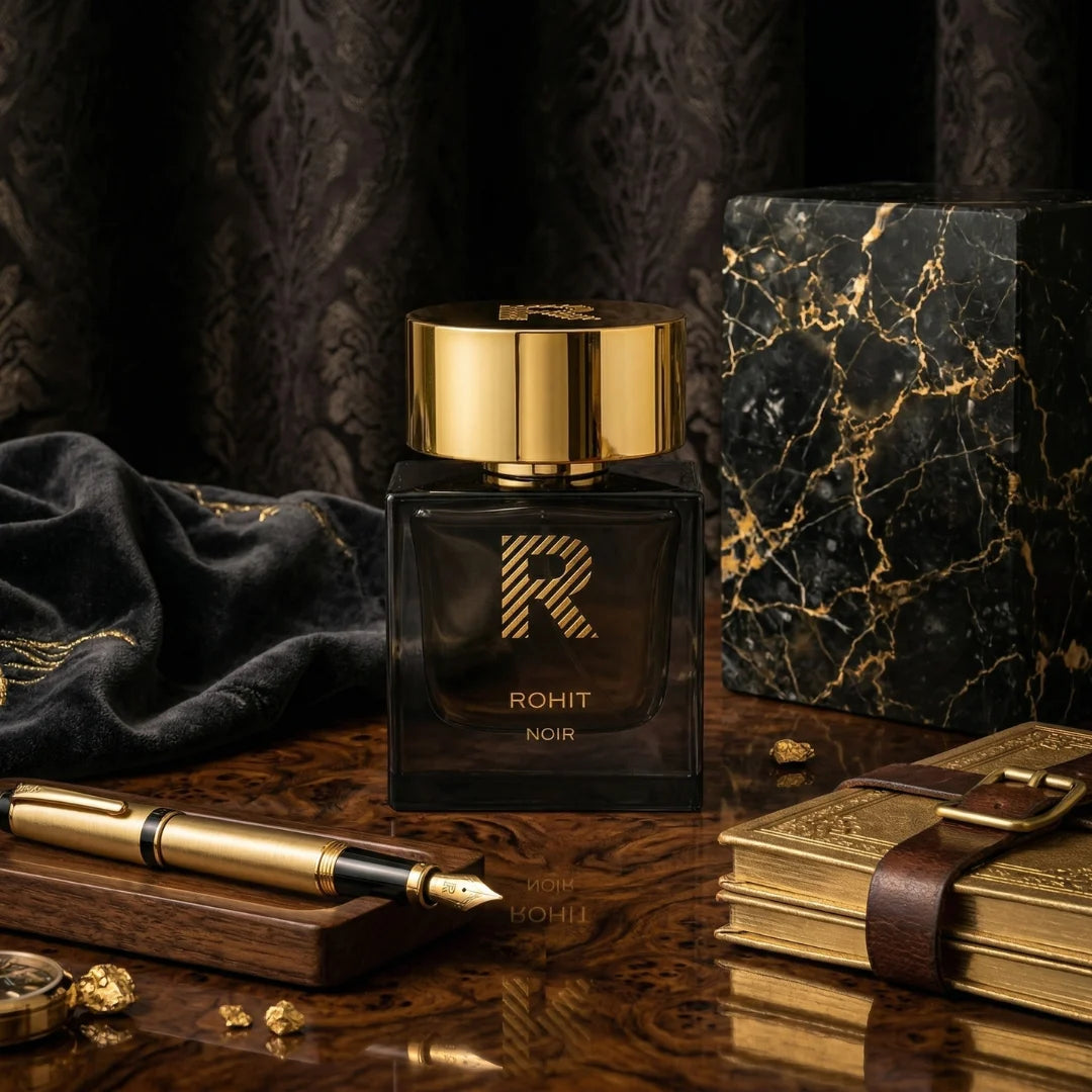 Rohit Noir Eau de Parfum spray by Bharara, 100ml bottle, elegant black fragrance bottle with gold accents.