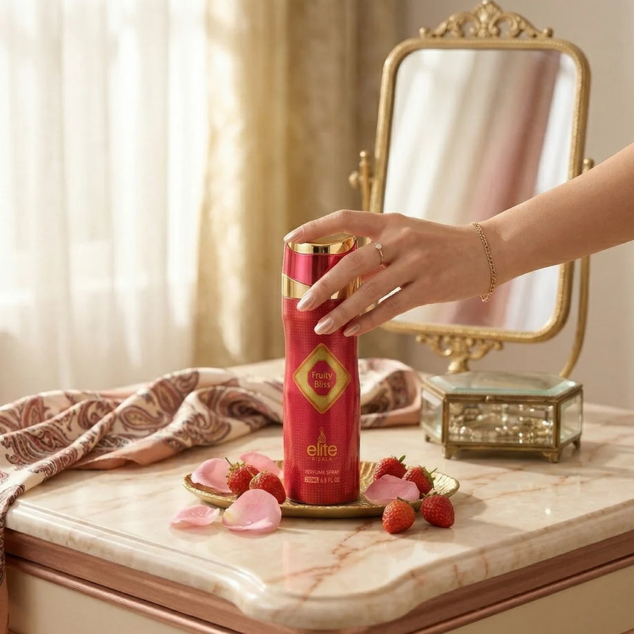 Fruity Bliss perfumed body spray by Elite Risala, 200ml deodorant bottle with vibrant fruity design and spray nozzle.