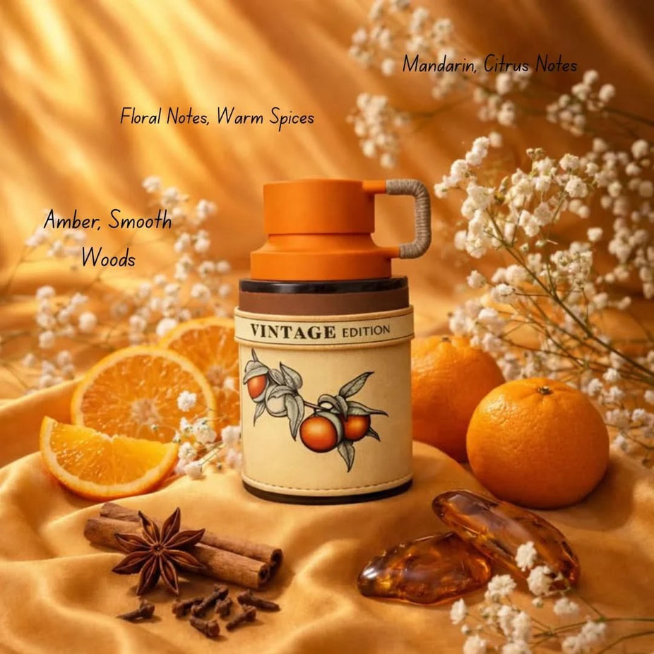 Odyssey Mandarin Sky Vintage Edition Eau de Parfum spray by Armaf, 100ml, featuring a sleek bottle with Mandarin and floral notes.