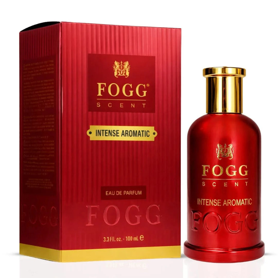 Fogg Intense Aromatic Eau de Parfum spray for men, 100ml, featuring a sleek bottle with a sophisticated design.