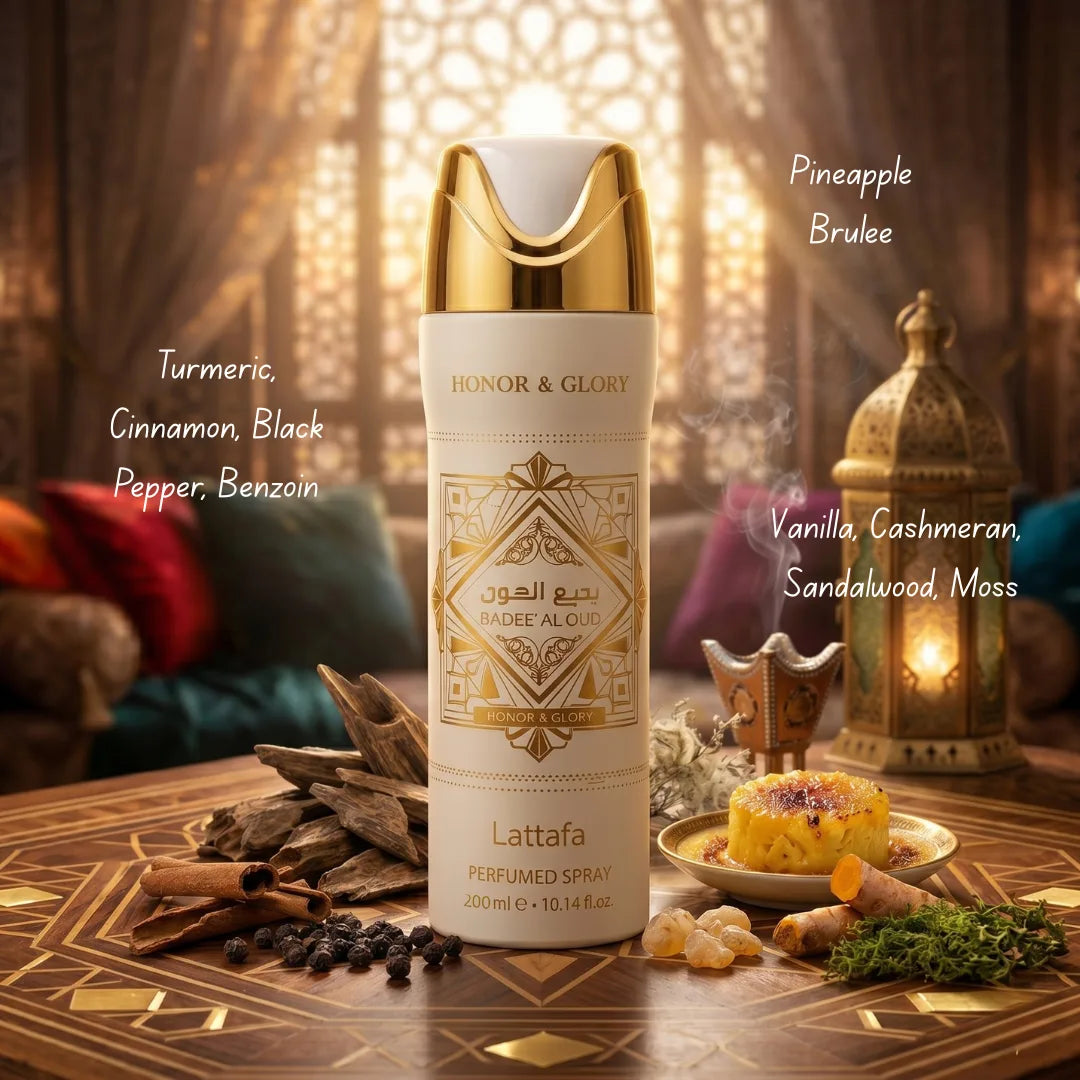 Lattafa Bade’e Al Oud Honor & Glory deodorant spray bottle, 300ml, with elegant packaging and branding visible.