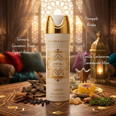 Lattafa Bade’e Al Oud Honor & Glory deodorant spray bottle, 300ml, with elegant packaging and branding visible.