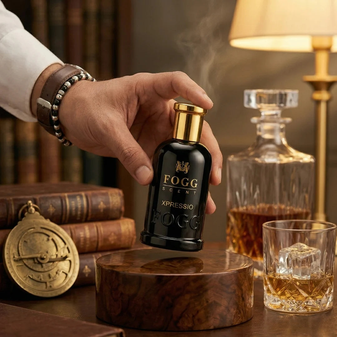 Fogg Xpressio for Men Eau de Parfum spray 100ml bottle, sleek design, showcasing the Fogg brand and masculine fragrance.
