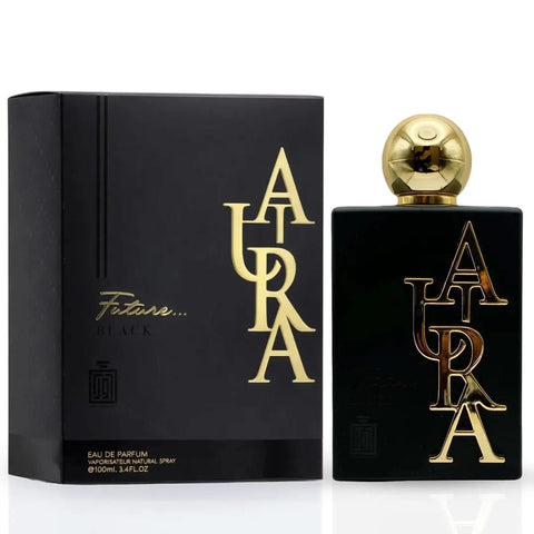 Aura Fragrances Future Blue and Future Black Eau De Parfum spray bundle, 100ml bottles, showcasing sleek perfume packaging.