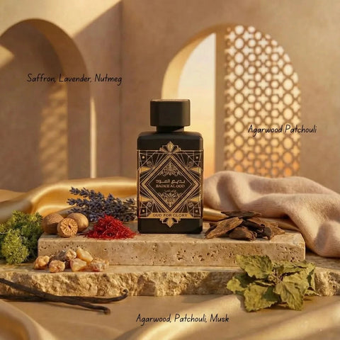 Lattafa Bade'e Al Oud Eau De Parfum gift set with five 5ml mini bottles, featuring luxurious oud fragrance collection.