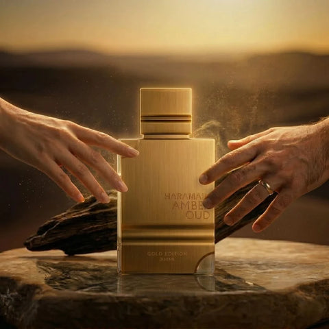Amber Oud Gold Edition Eau de Parfum spray by Al Haramain, featuring a luxurious 200ml bottle with intricate gold detailing.