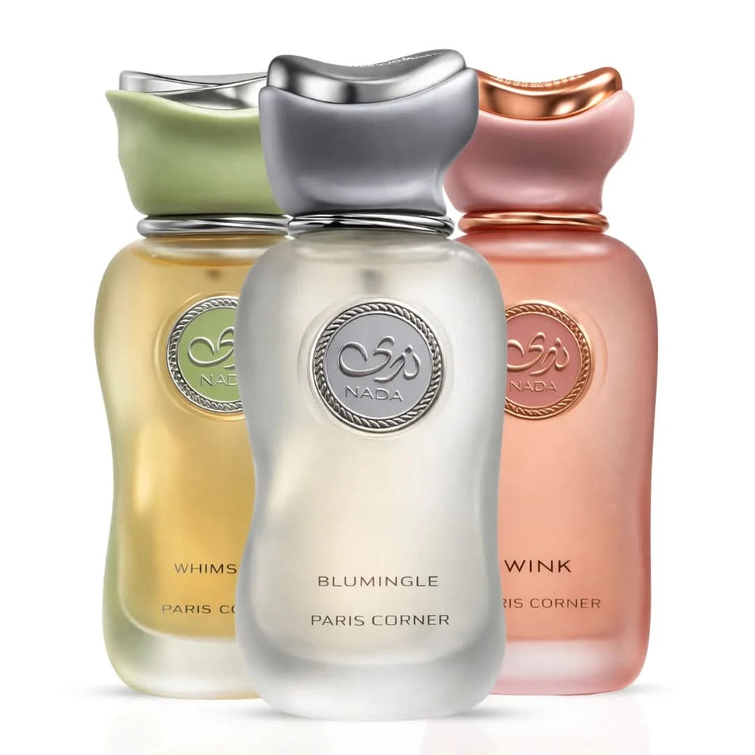 Bundle of Paris Corner Nada Blumingle, Wink, and Whimsical Eau De Parfum sprays in 100ml bottles, featuring colorful packaging.
