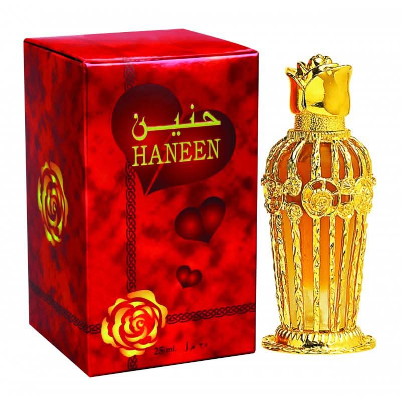 Haneen Perfume Oil 25ml by Al Haramain, concentrated perfume oil in a small glass bottle with a black cap.