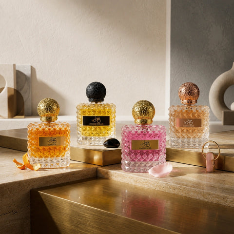 Aura Fragrances Hareer Collection with Pink Rose & Dream Eau De Parfum sprays in 100ml bottles, featuring elegant floral scent packaging.