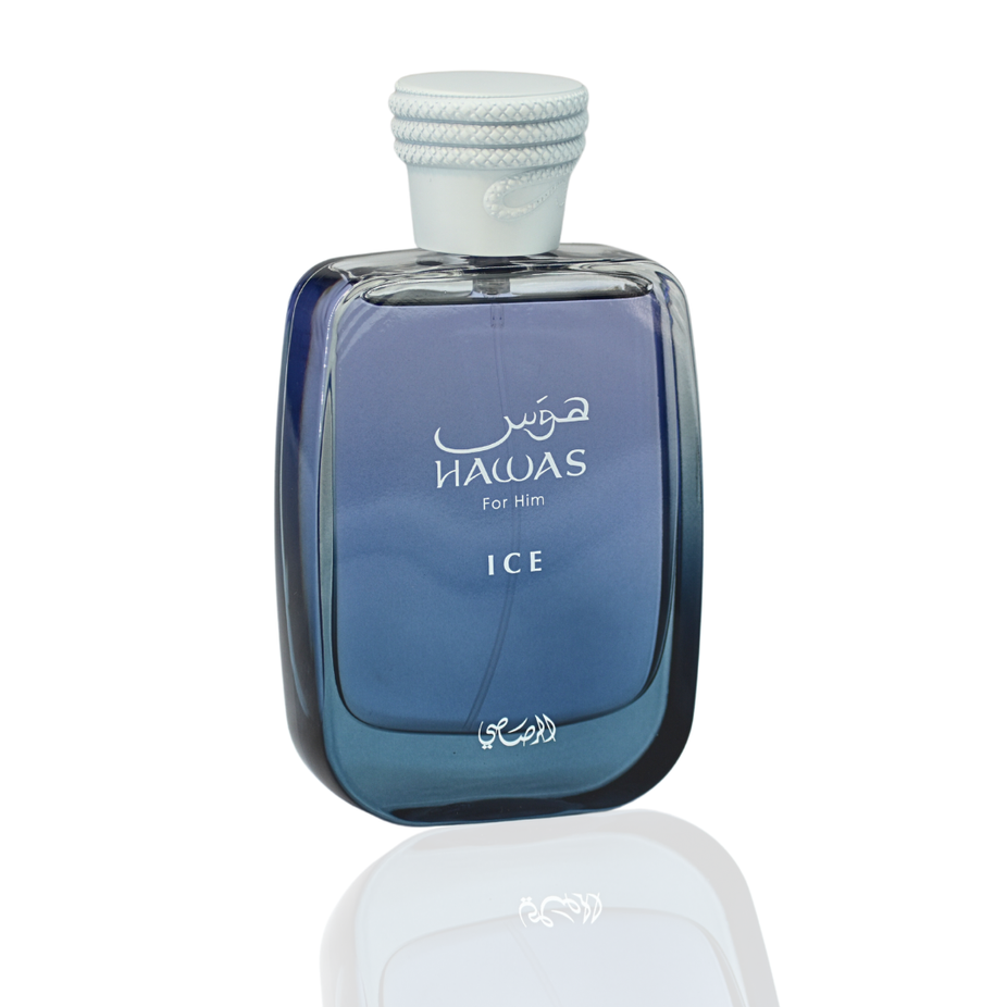 Rasasii Hawas Ice for Men Eau de Parfum spray bottle, 100ml, featuring sleek packaging and a modern design.