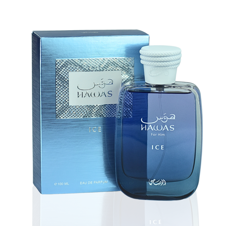 Rasasii Hawas Ice for Men Eau de Parfum spray, 100ml bottle with sleek design, showcasing the fragrance’s branding and packaging.