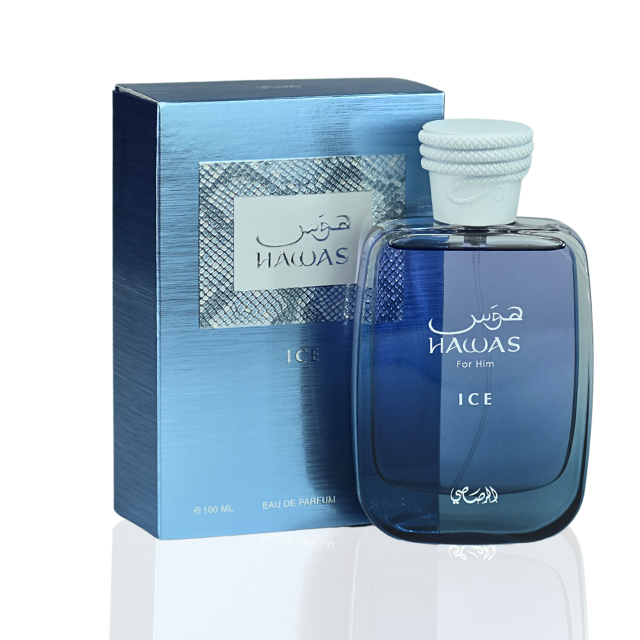 Rasasii Hawas Ice for Men Eau de Parfum spray 100ml, featuring sleek bottle design and icy blue accents.