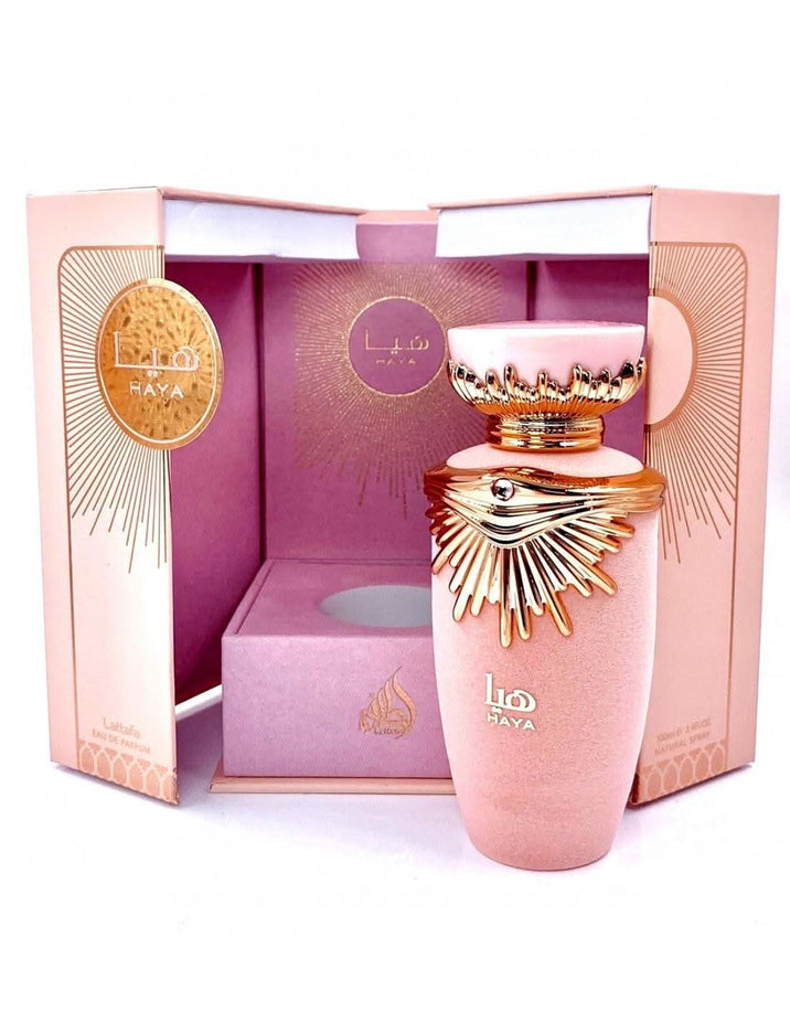 Lattafa Haya for Women EDP 100ml bottle, elegant perfume with floral and woody notes, displayed in a sleek glass bottle.