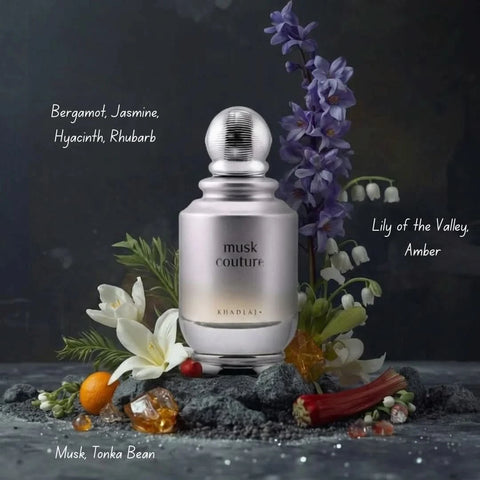 Khadlaj Musk Couture and Rose Couture Eau de Parfum spray bundle, 100ml, featuring elegant bottles with floral and musky fragrance details.