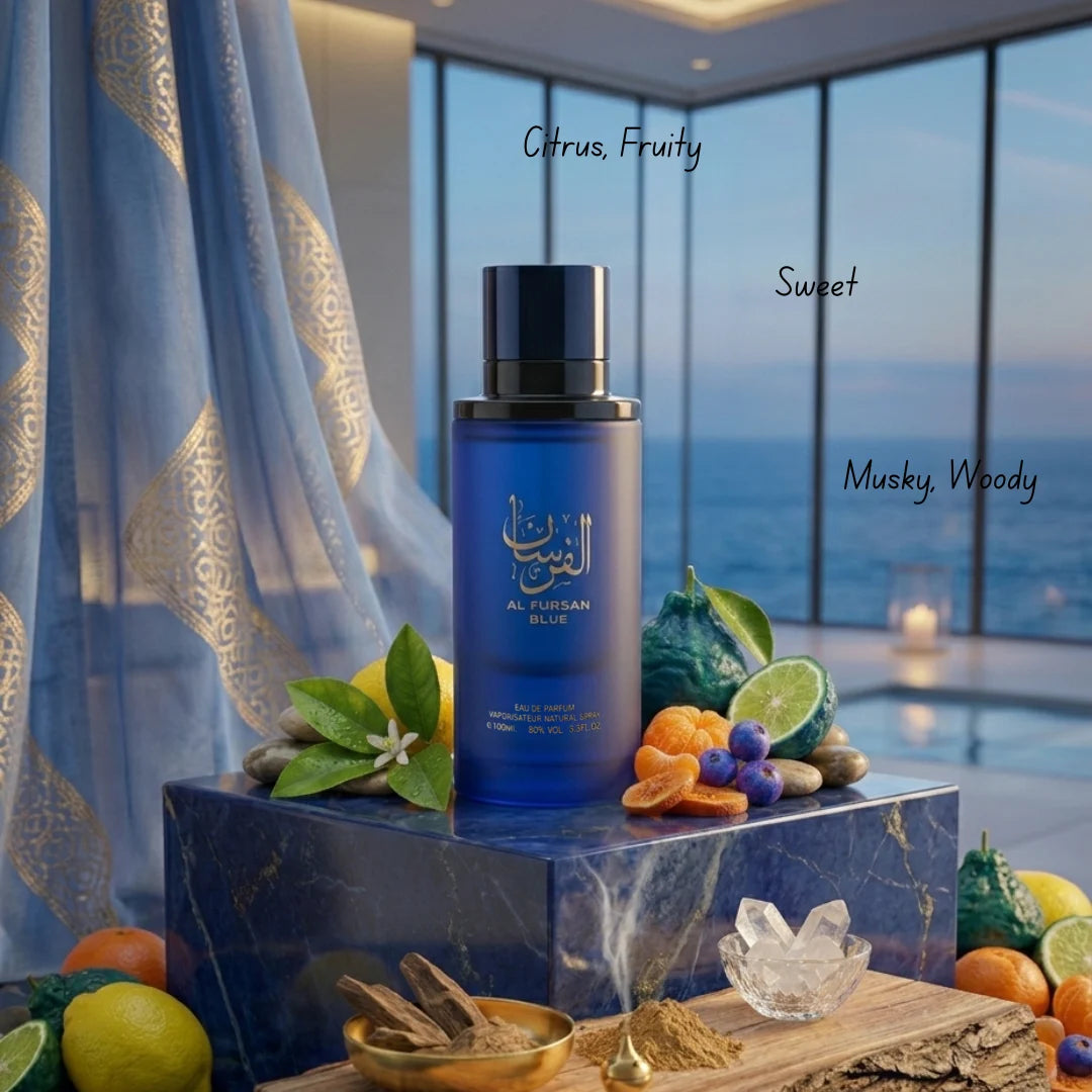Aura Fragrances Al Fursan Black and Blue Eau De Parfum Spray bundle, 100ml each, featuring sleek black and blue fragrance bottles.