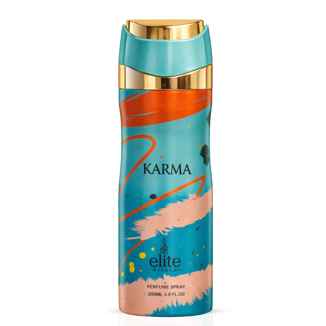 Elite Risala Karma Body Spray 200ml deodorant bottle with sleek packaging and spray nozzle.