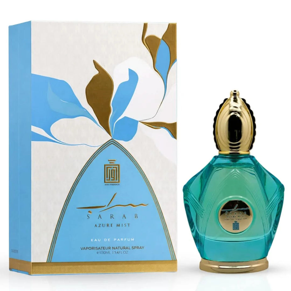 Sarab Azure Mist Eau De Parfum spray by Aura by Aura, 100ml, featuring a sleek bottle with a silver cap and blue accents.