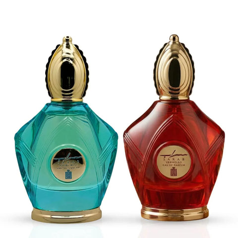 Aura Fragrances Sarab Vermello and Sarab Azure Mist Eau De Parfum Spray bundle, 100ml bottles with elegant packaging.