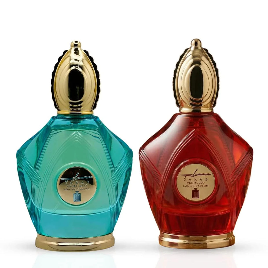 Aura by Aura Sarab Vermello and Azure Mist Eau de Parfum bundle, 100ml each, featuring elegant glass bottles and spray nozzles.