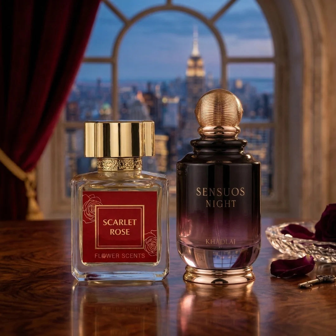 Bundle of Intense Oud Scarlet Rose and Sinuous Night Eau de Parfum sprays, featuring floral and warm scent profiles.
