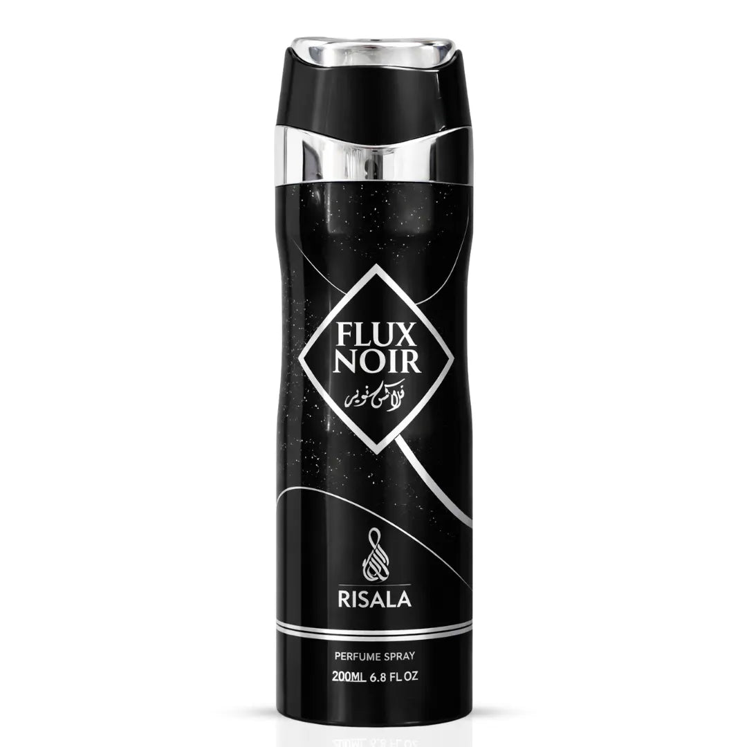 Elite Risala Flux Noir body spray deodorant 200ml bottle with sleek black design and spray nozzle.