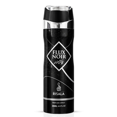 Elite Risala Flux Noir body spray deodorant 200ml bottle with sleek black design and spray nozzle.