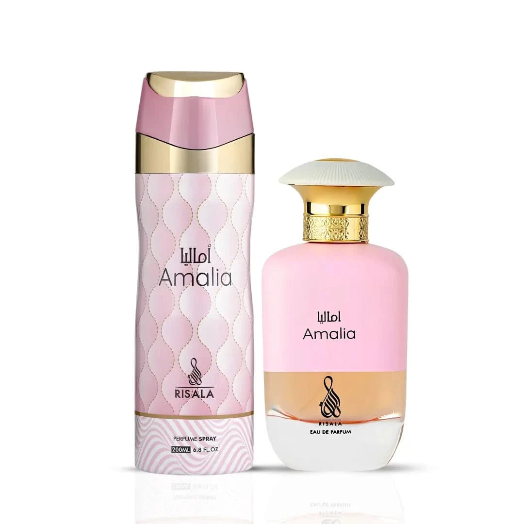 RISALA Amalia Eau De Parfum spray and perfumed body spray bundle, 100ml and 200ml bottles, elegant fragrance display
