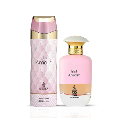 RISALA Amalia Eau De Parfum spray and perfumed body spray bundle, 100ml and 200ml bottles, elegant fragrance display