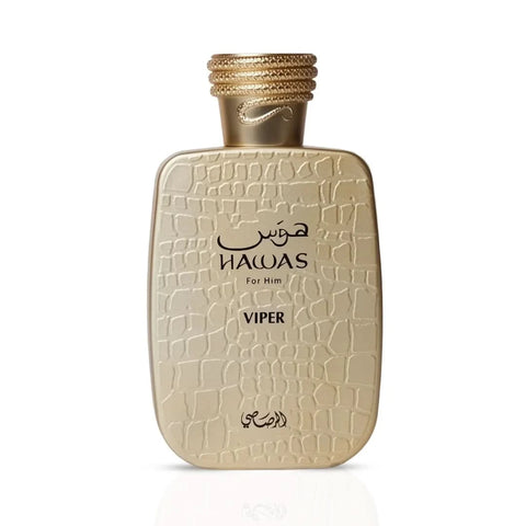 Rasasi Hawas Viper Eau de Parfum spray 100ml in a velvet pouch, featuring a sleek bottle and luxurious packaging.