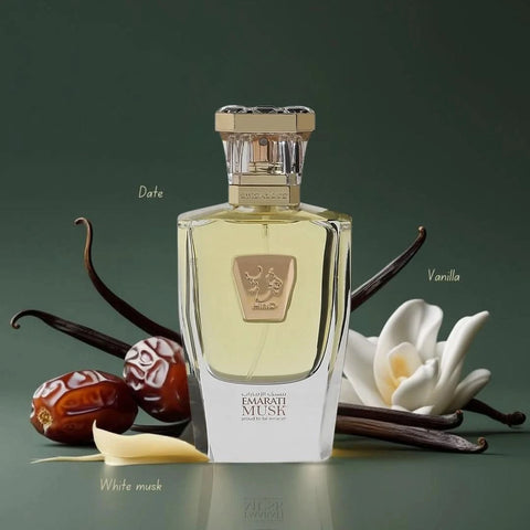 Hind Al Oud Emarati Musk Eau de Parfum spray 50ml, elegant bottle of traditional scented EDP with floral and musky notes