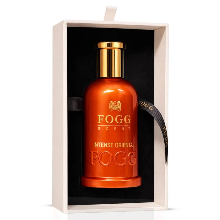 Fogg Intense Oriental Eau de Parfum spray bottle for men, 100ml, with sleek design and dark-colored fragrance liquid.