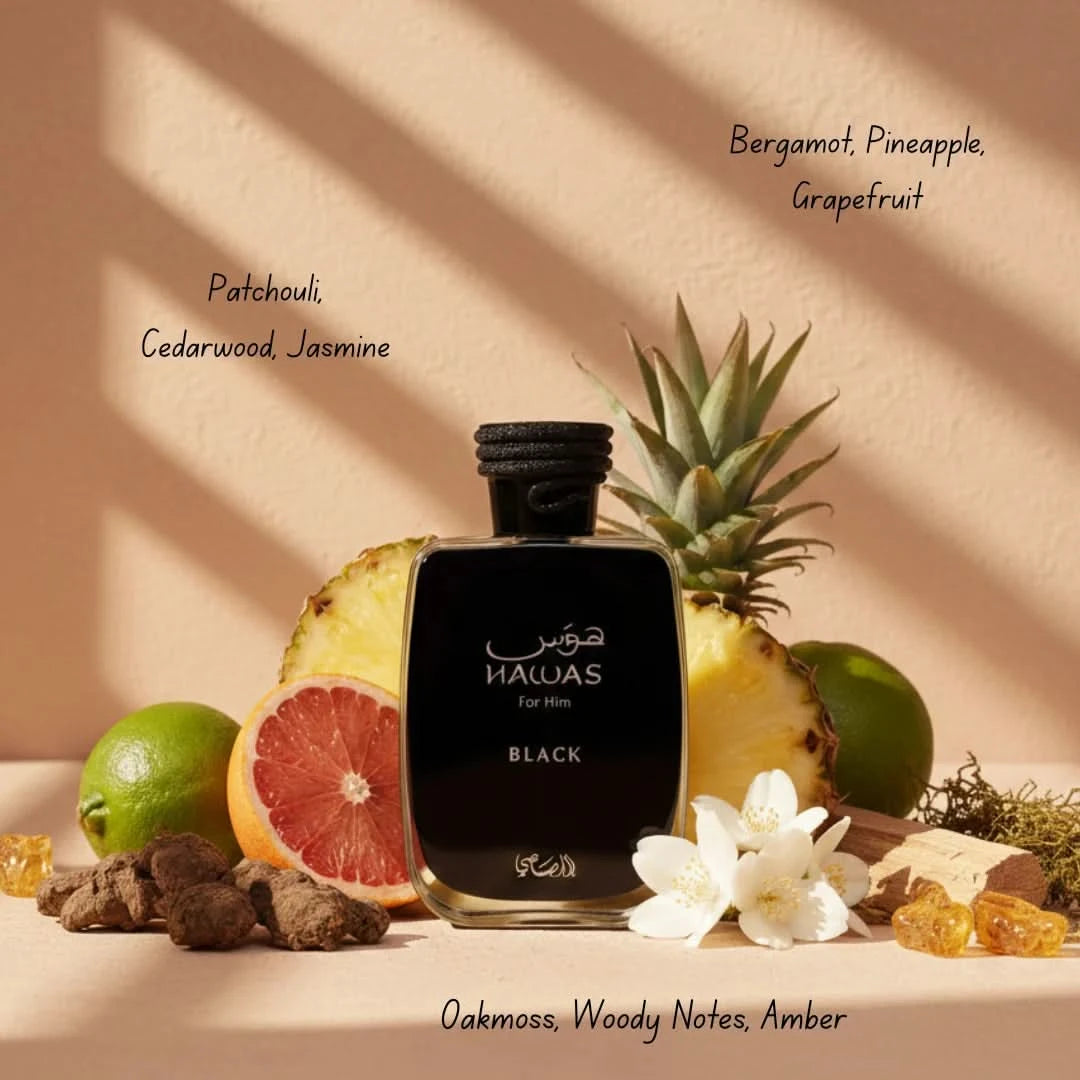 Rasasi Hawas Black & Hawas For Her Eclat Eau de Parfum bundle, 100ml spray bottles, elegant packaging, floral and woody scents