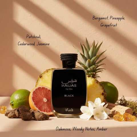 Rasasi Hawas Black & Hawas For Her Eclat Eau de Parfum bundle, 100ml spray bottles, elegant packaging, floral and woody scents