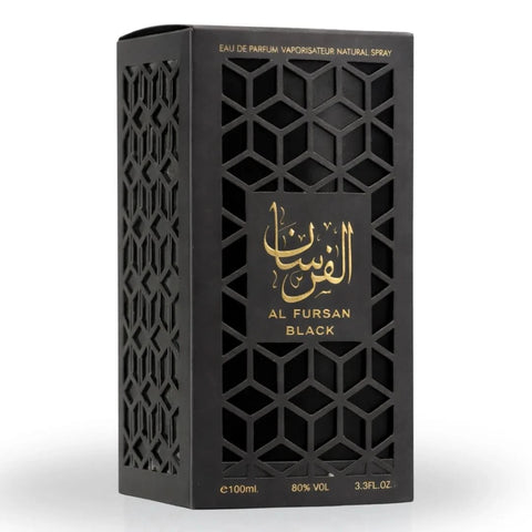 Aura Fragrances Al Fursan Black Eau De Parfum spray bottle, 100ml, featuring sleek black packaging and elegant design.