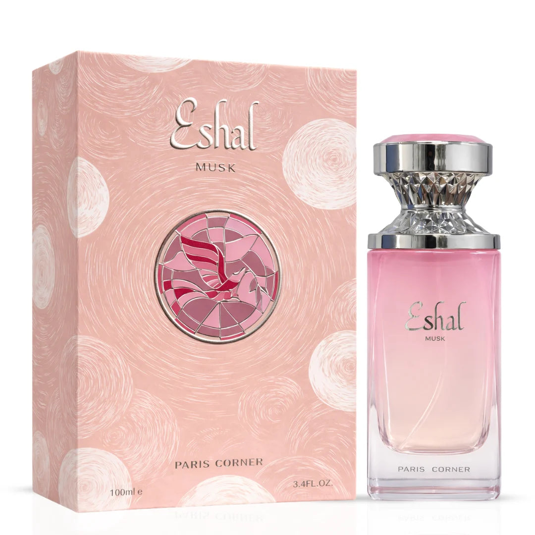 Eshal Musk Eau De Parfum spray by Paris Corner, 100ml bottle with elegant design, showcasing the fragrance's luxurious appeal.