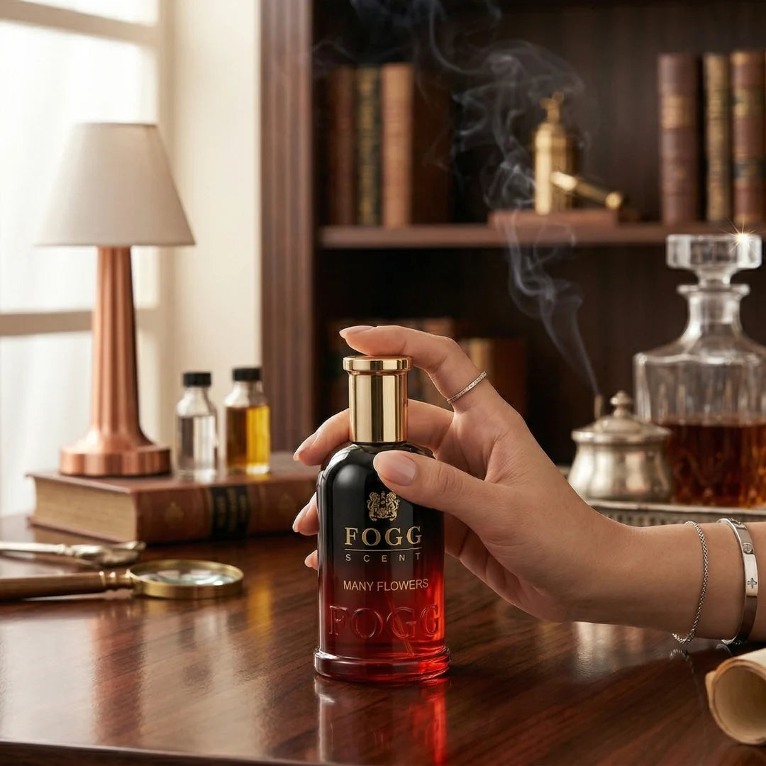 Fogg Many Flowers Eau de Parfum spray bottle for women, 100ml, featuring floral design and elegant packaging.