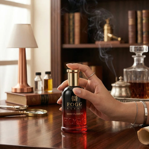 Fogg Many Flowers Eau de Parfum spray bottle for women, 100ml, featuring floral design and elegant packaging.