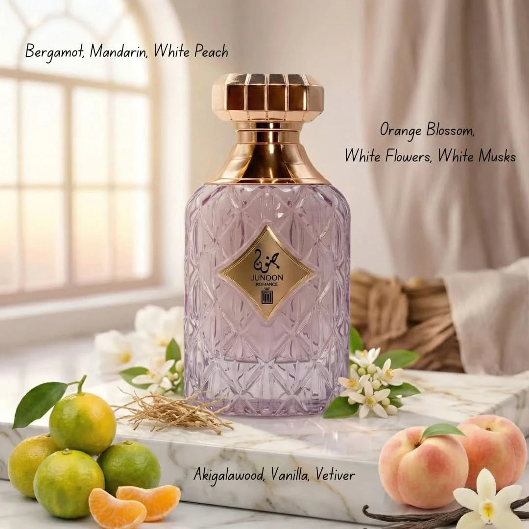 Junoon Romance Eau De Parfum Spray by Aura Fragrances, 100ml, featuring a sleek perfume bottle with floral and fruity notes.