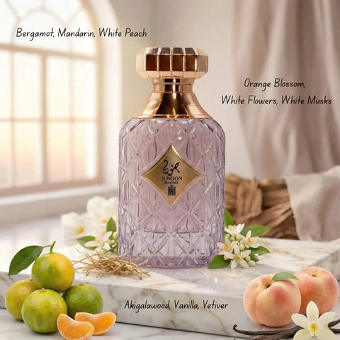 Junoon Romance Eau De Parfum Spray by Aura Fragrances, 100ml, featuring a sleek perfume bottle with floral and fruity notes.