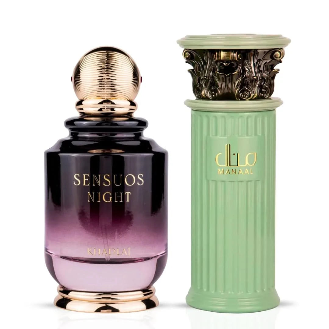Bundle of Intense Oud Manaal Eau de Parfum and Sensuos Night Eau de Parfum by Ard Al Zaafaran and Khadlaj, 100ml each.