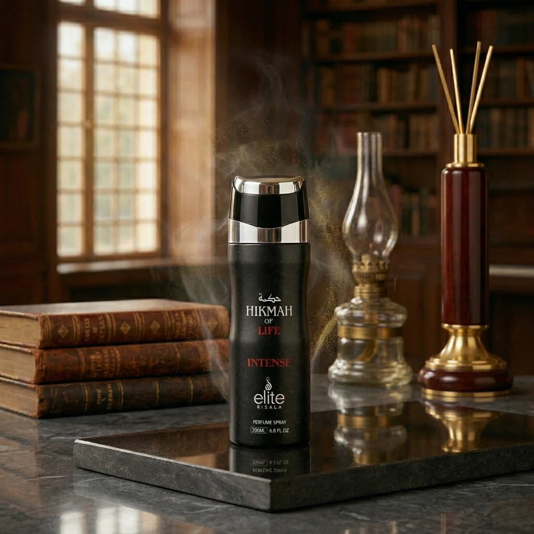 Elite Risala Hikmah Of Life Intense Perfumed Body Spray 200ml deodorant bottle with sleek design and vibrant label.