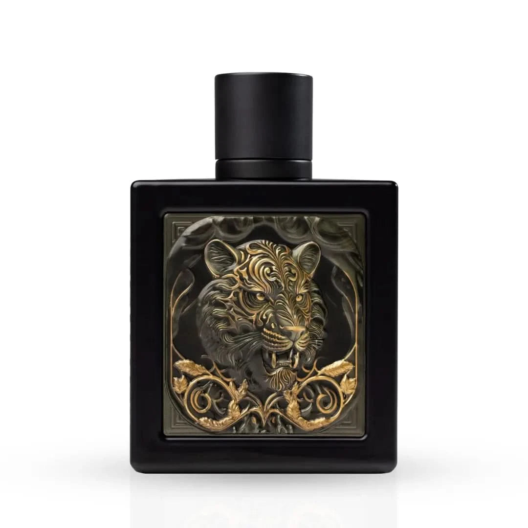 Rayhaan Tiger Eau de Parfum spray 100ml bottle, featuring a sleek design and vibrant tiger-themed artwork.