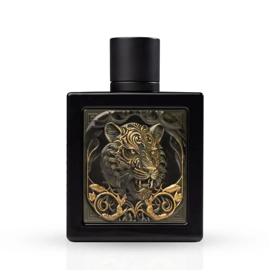 Rayhaan Tiger Eau de Parfum Spray 100ml, featuring a sleek bottle with a tiger-themed design and elegant fragrance details