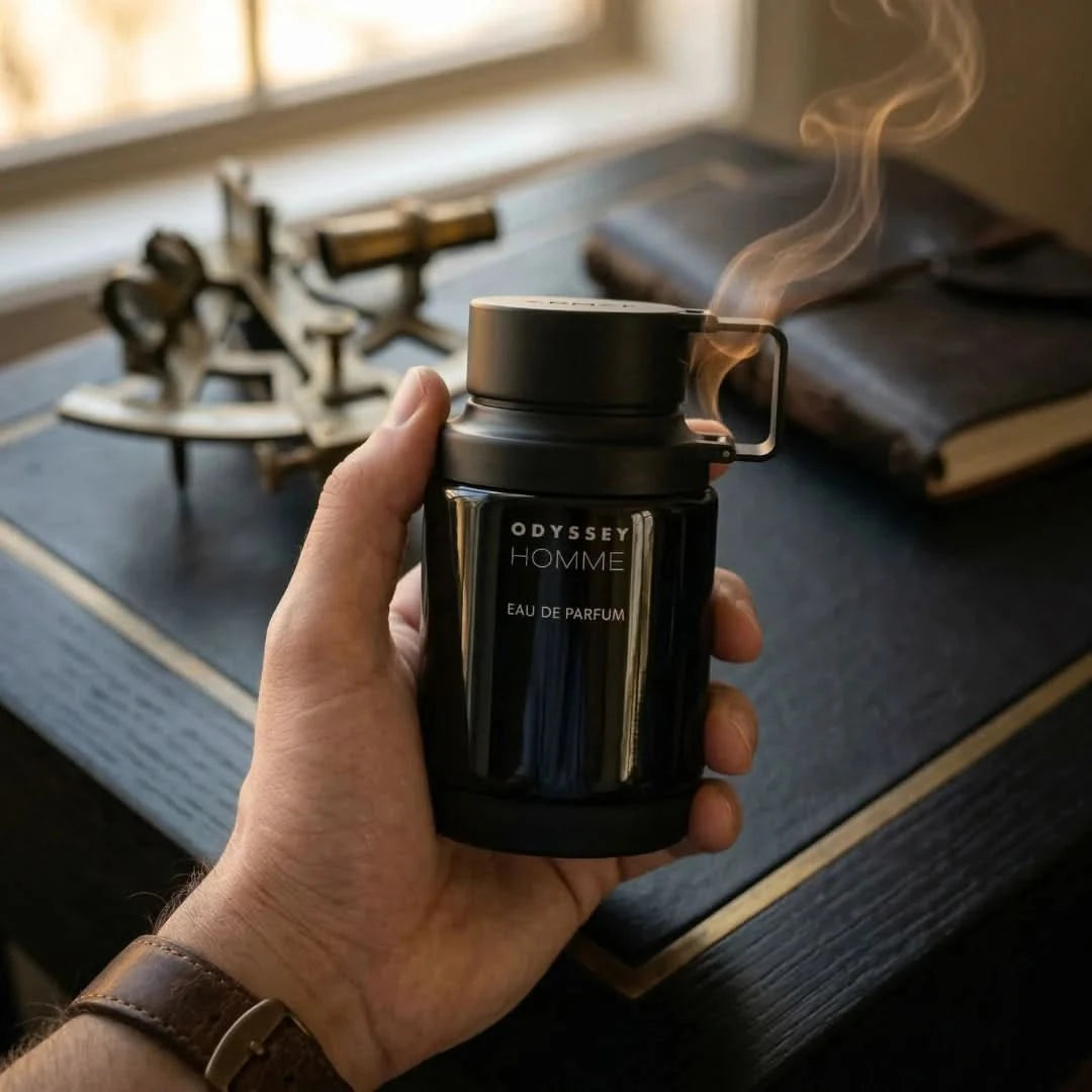 Odyssey Homme Black Eau de Parfum spray by Armaf, 200ml bottle, sleek black packaging, masculine fragrance design.